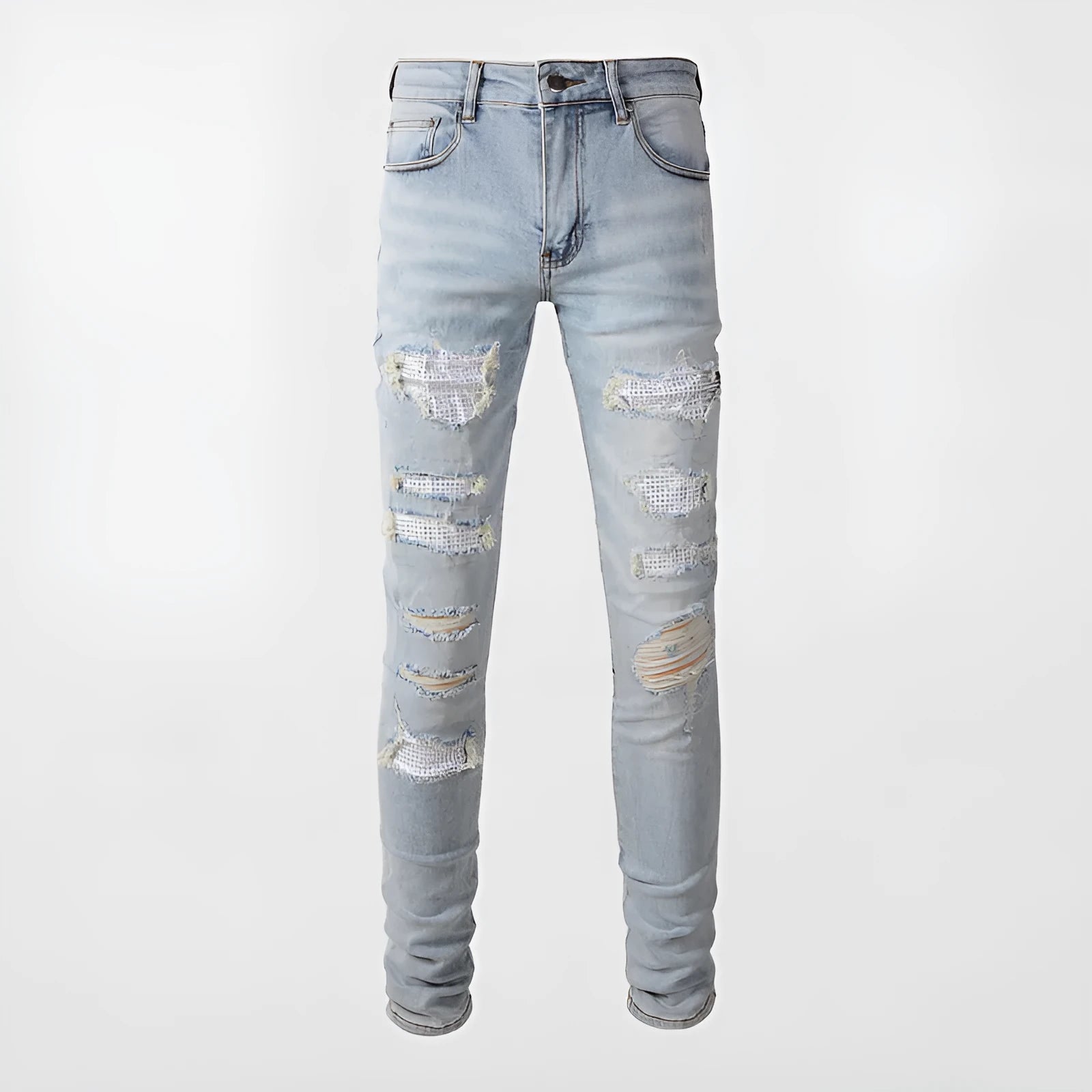 Light blue slim fit stretch jeans for men with hot diamond patch and cat-whisker details