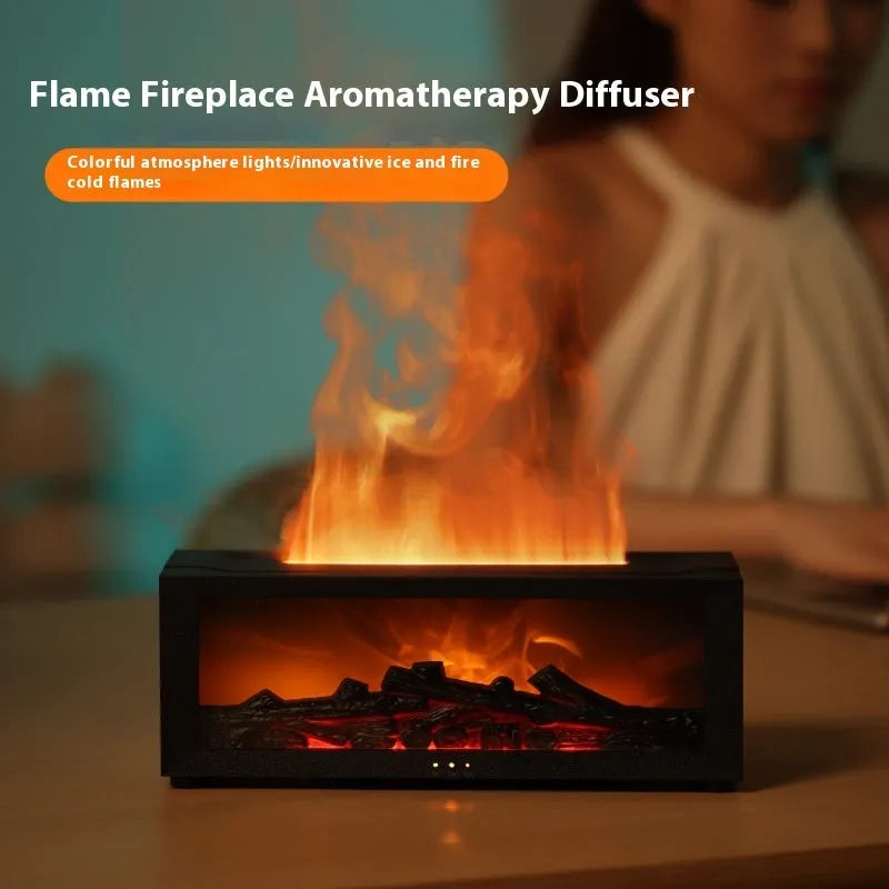 Square flame aromatherapy diffuser with 3D flame effect and colourful base lighting on desktop