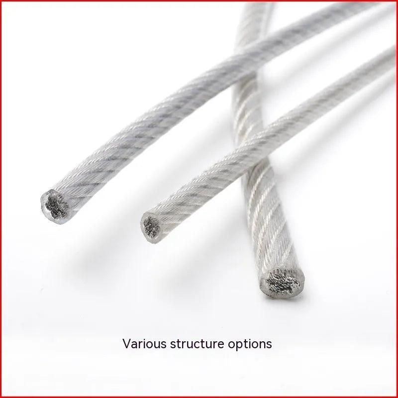Close-up of a coiled 304 stainless steel coated security cable with double twist multi-strand construction.