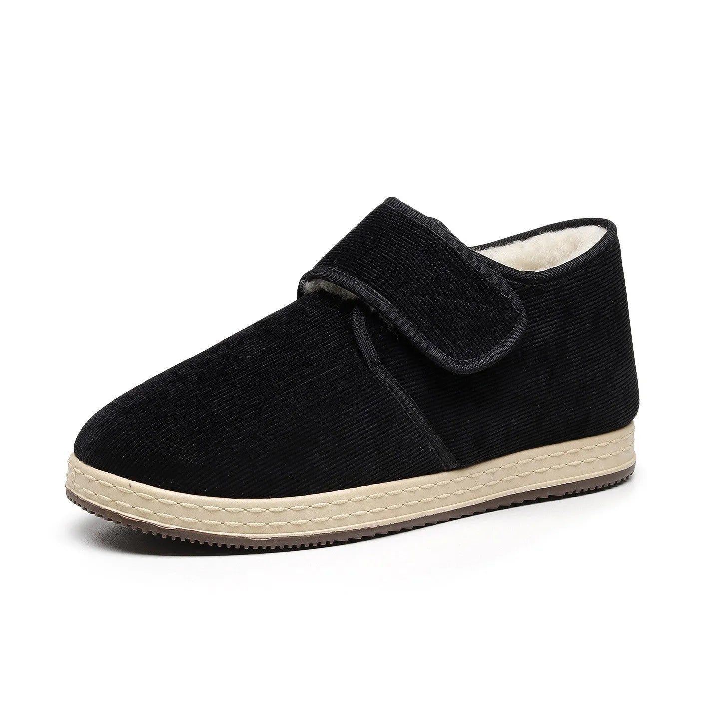 Soft soled velvet thick cotton winter shoes in black with buckle fastening, size 38 to 45