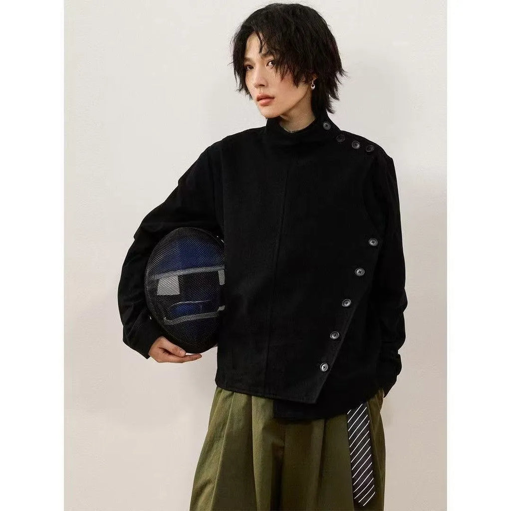 Solid colour minimalist casual jacket for men in black, front view, cotton blend, regular fit