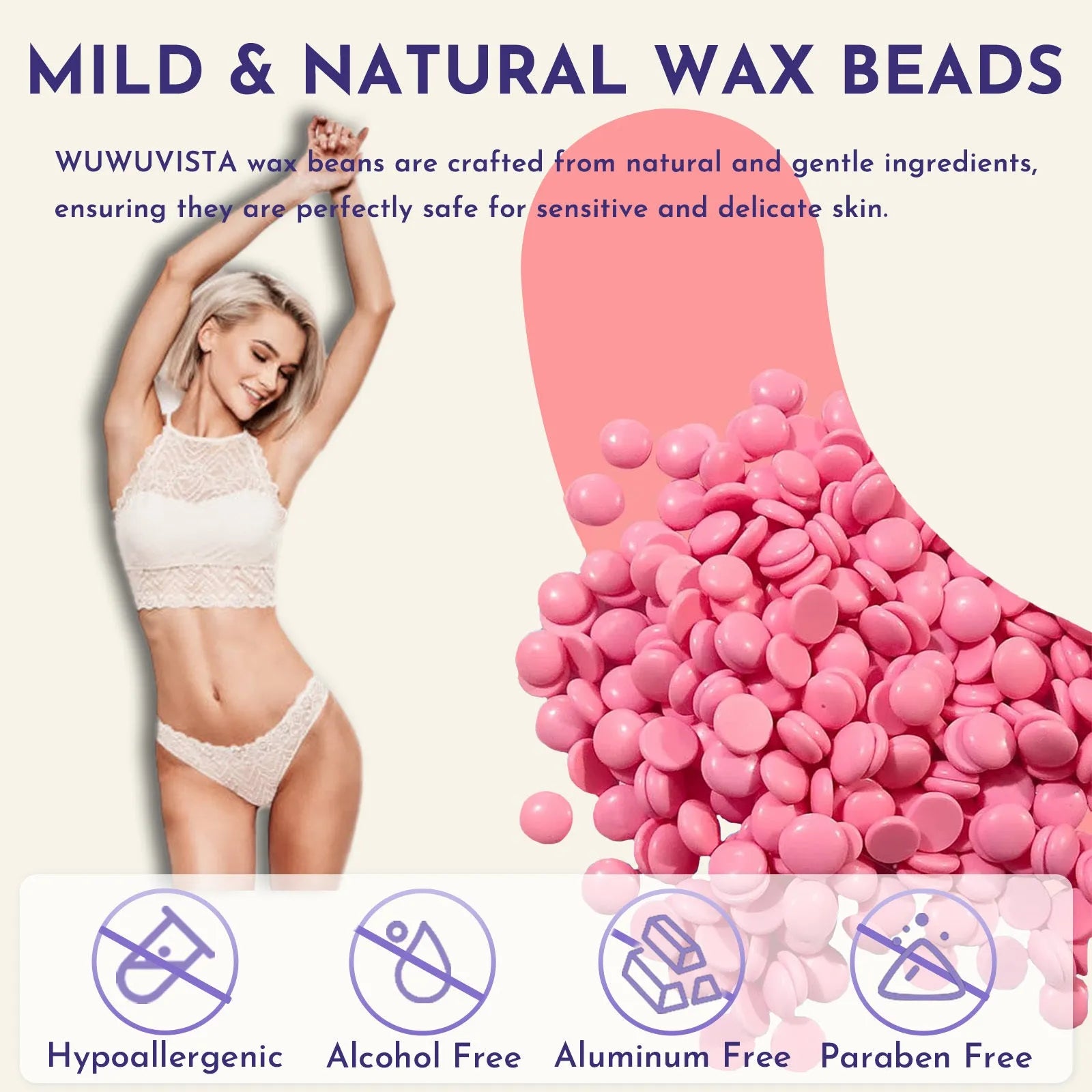 WUWUVISTA 29-piece hard wax kit with black wax warmer, pink and black wax beads, applicator sticks, and aftercare bottles.