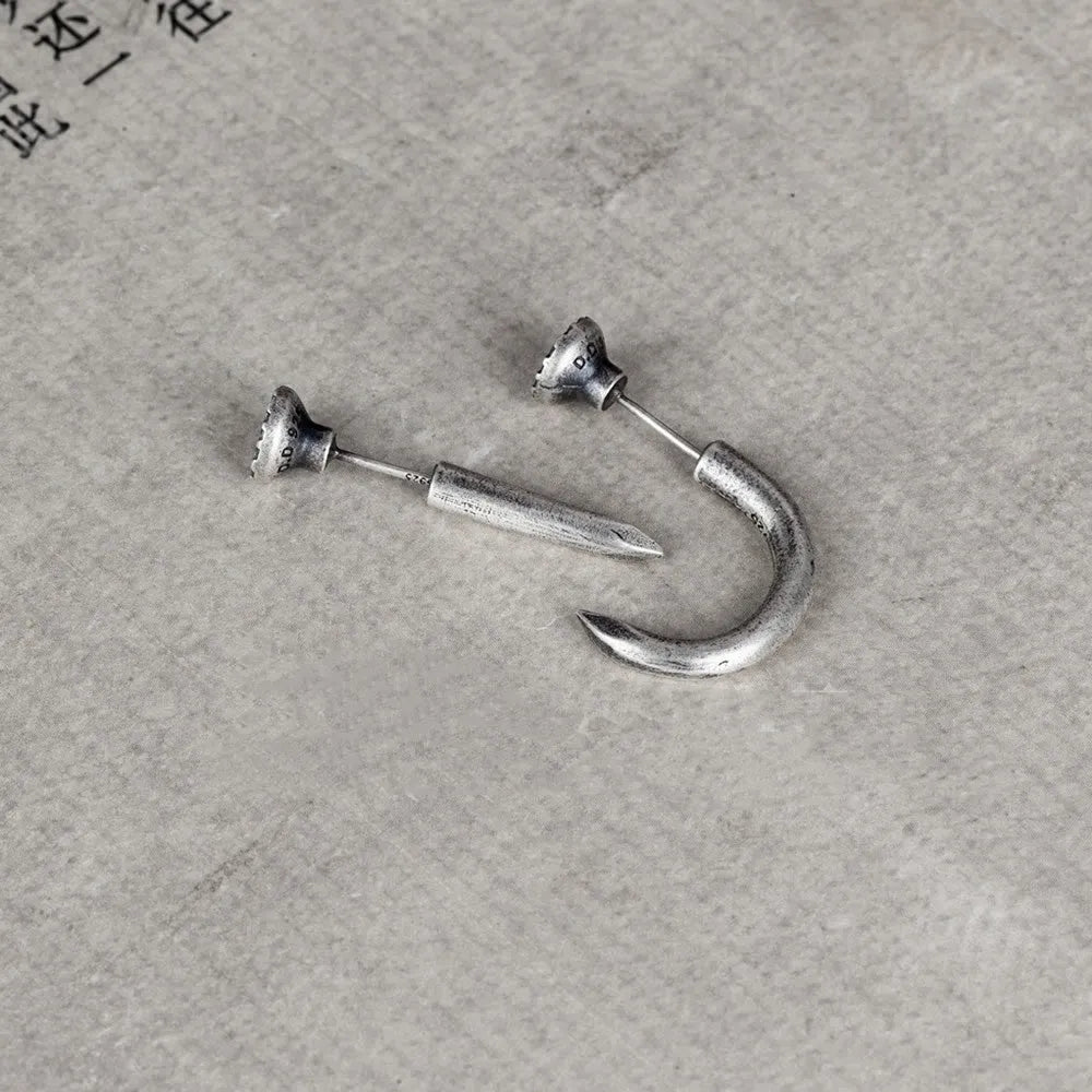 S925 sterling silver punk stud earrings with straight or curved nail designs in retro style