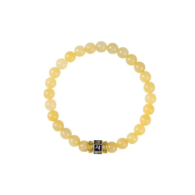 Women's hand-woven topaz bracelet with mantra barrel beads and square jade accents