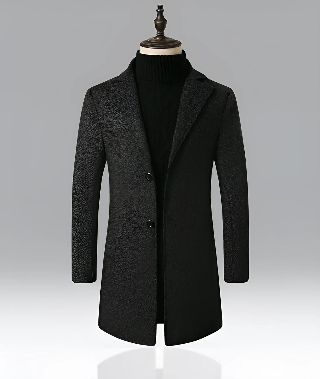 Men's mid-length single-breasted snowflake trench coat in dark grey with lapel collar and polyester lining