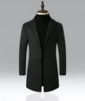 Men's mid-length single-breasted snowflake trench coat in dark grey with lapel collar and polyester lining