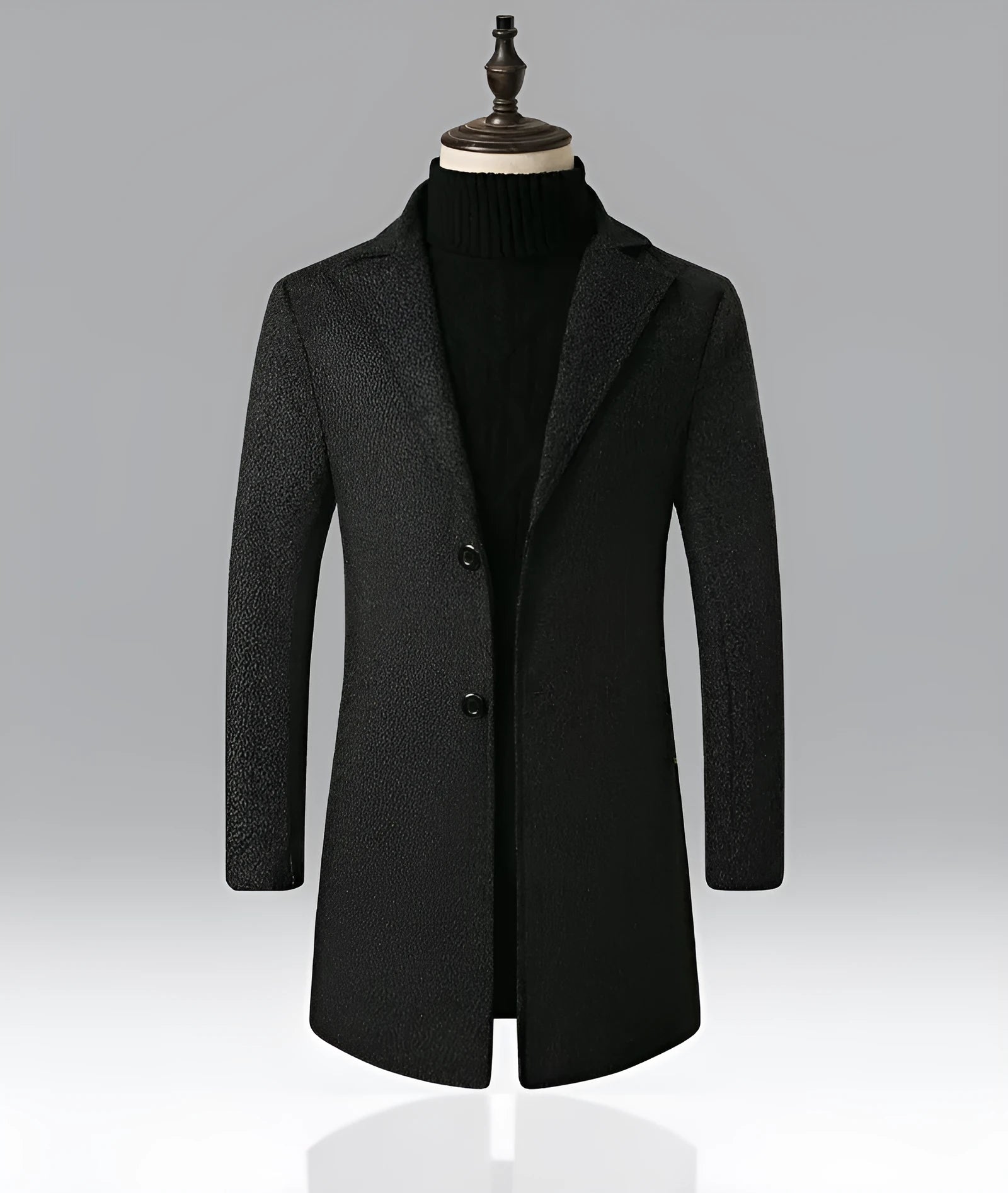 Men's mid-length single-breasted snowflake trench coat in dark grey with lapel collar and polyester lining