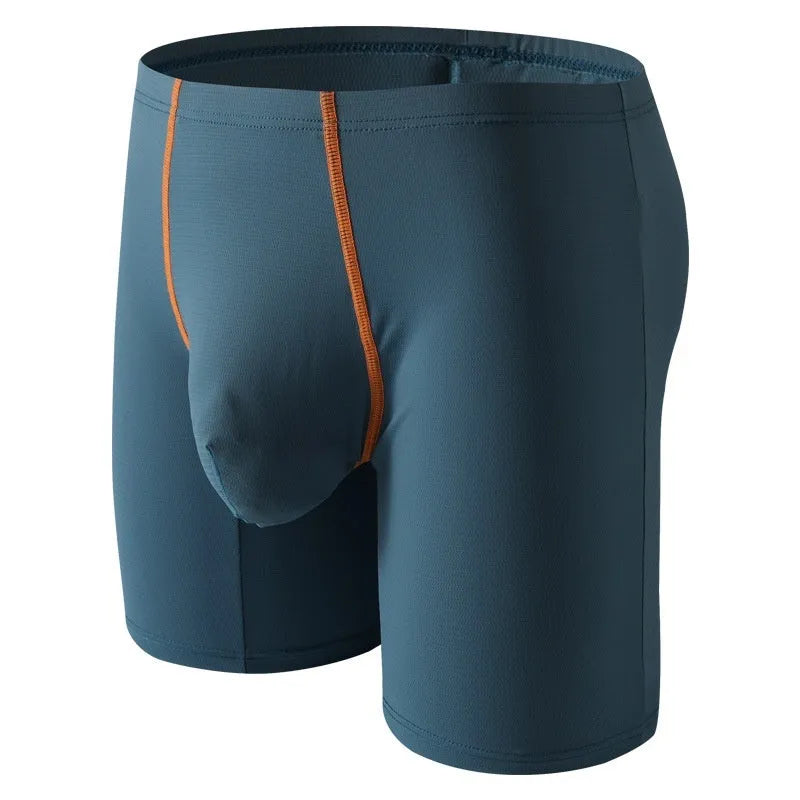 Men's ice silk nylon boxers with U convex pouch design in mid-waist fit showing colour options