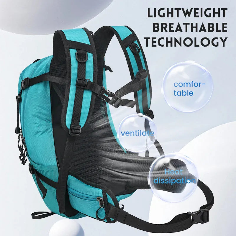 Waterproof Oxford cloth hiking backpack with physiological back plate in black, lake blue, or lemon yellow