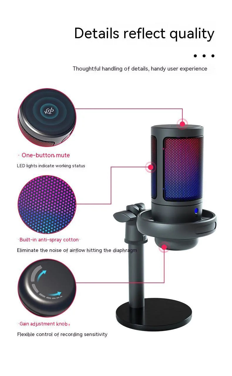 RGB condenser microphone for live broadcasting in black, white, or pink colours with 150cm USB cable