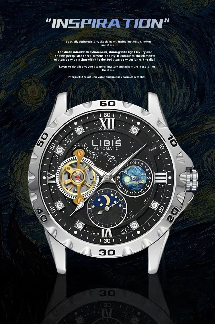 Men's silver automatic watch with black starry luminous dial on a leather strap.