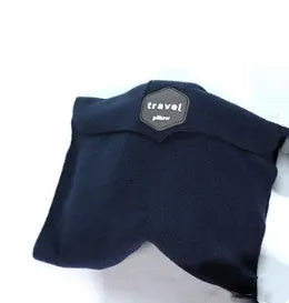 Black U-shaped neck support pillow scarf on a grey background, showing its convex form.