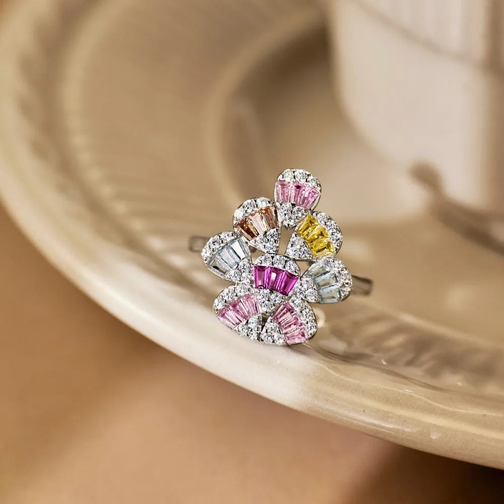 Water drop geometry colour zircon ring silver platinum finish women ring white gold colour