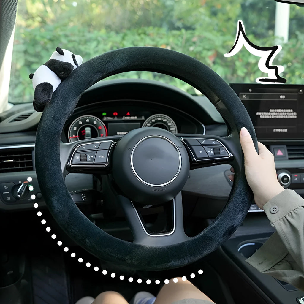 Black plush panda bear steering wheel cover and matching shoulder pad for cars