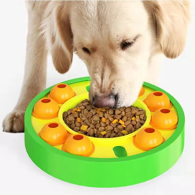 Square lake blue dog puzzle toy with a central food column and top turntable on a non-slip base.