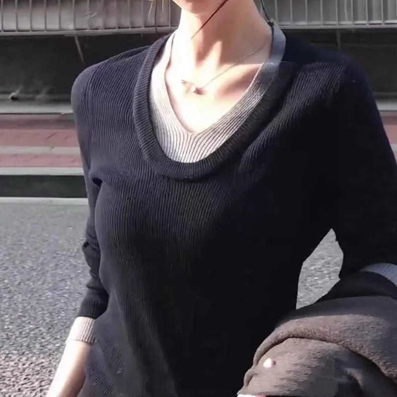 Black Korean style fake two-piece V-neck knitted pullover top on a woman