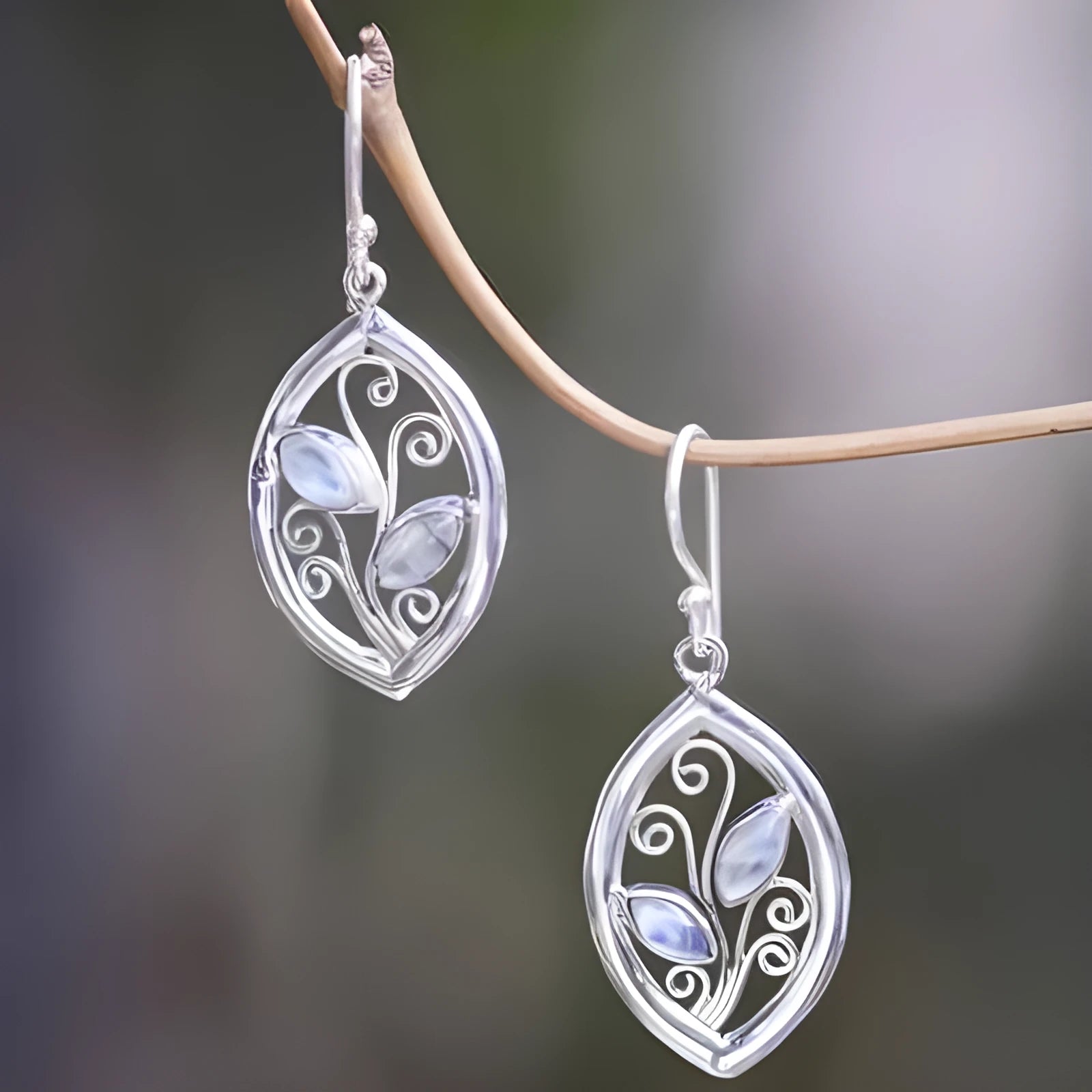 Silver women's earrings with leaf design and colourful embedded moonstones Europe America style