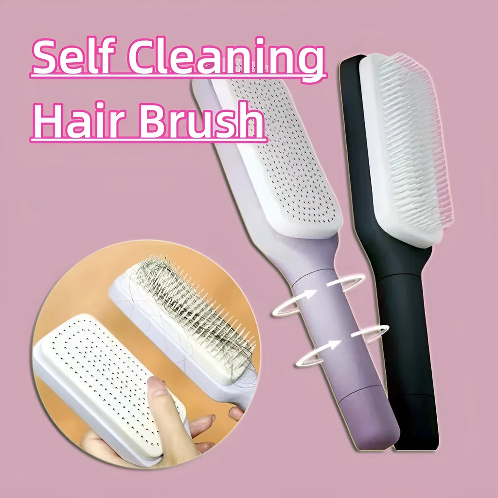 Purple and grey self-cleaning hair brushes with rotating handles and anti-static teeth.