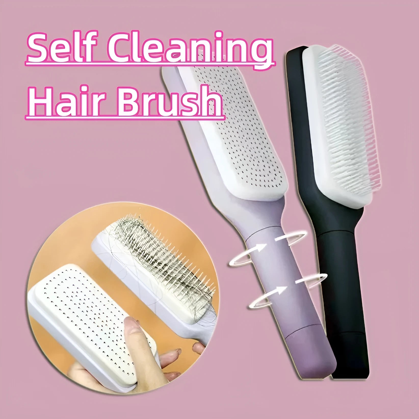 Purple and grey self-cleaning hair brushes with rotating handles and anti-static teeth.