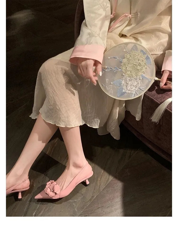 Women's Low-Cut Hollow Pointed Toe High Heels with Sharp Toe Bracket in Microfiber Available in White and Pink Sizes 35-40
