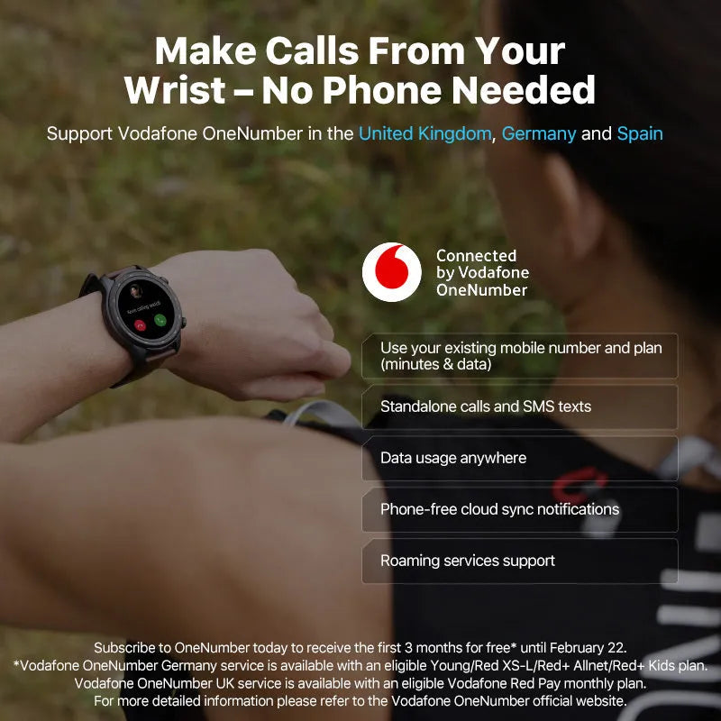 Black Ticwatch Pro X smartwatch on wrist showing time and heart rate on its dual-layer display.