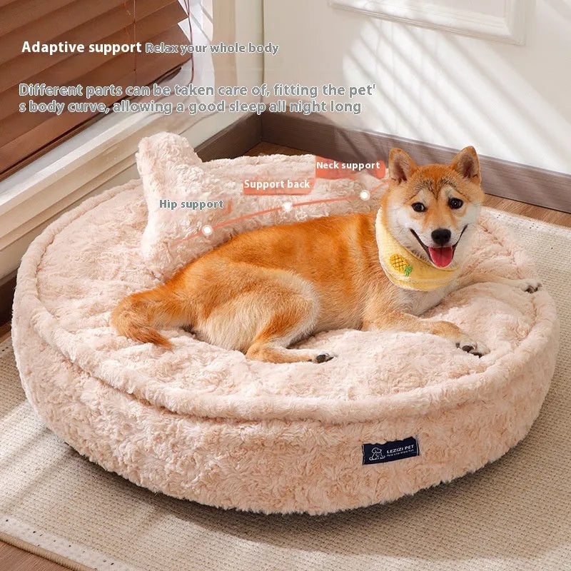 Round milk tea coloured pet bed with a removable cloth cover, shown in size L.