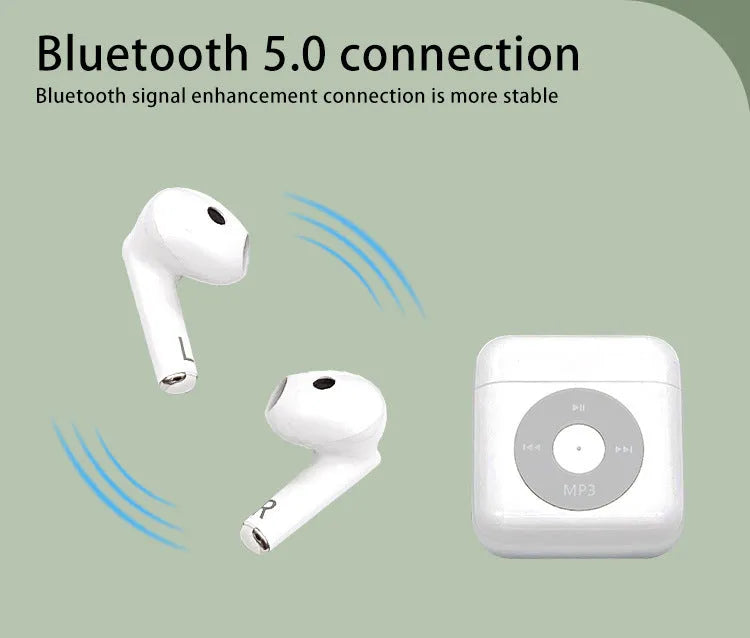 White wireless Bluetooth semi-in-ear earphones with a charging case on a plain background.