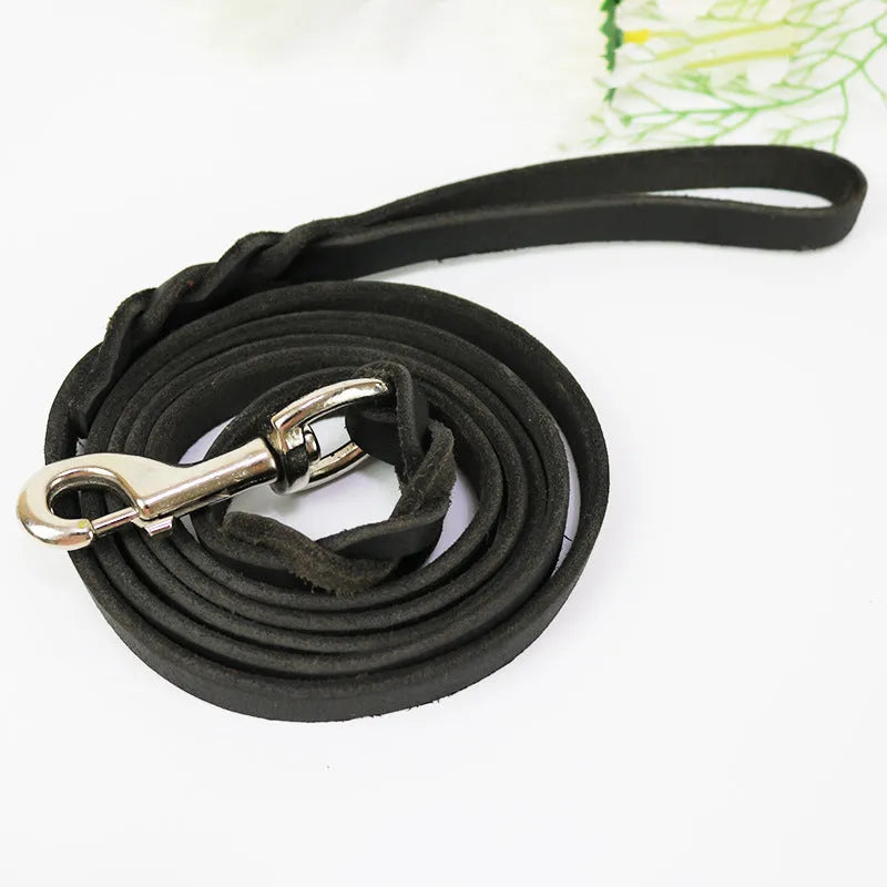 Thickened cowhide leather dog walking rope in light brown or black, shown in various lengths.