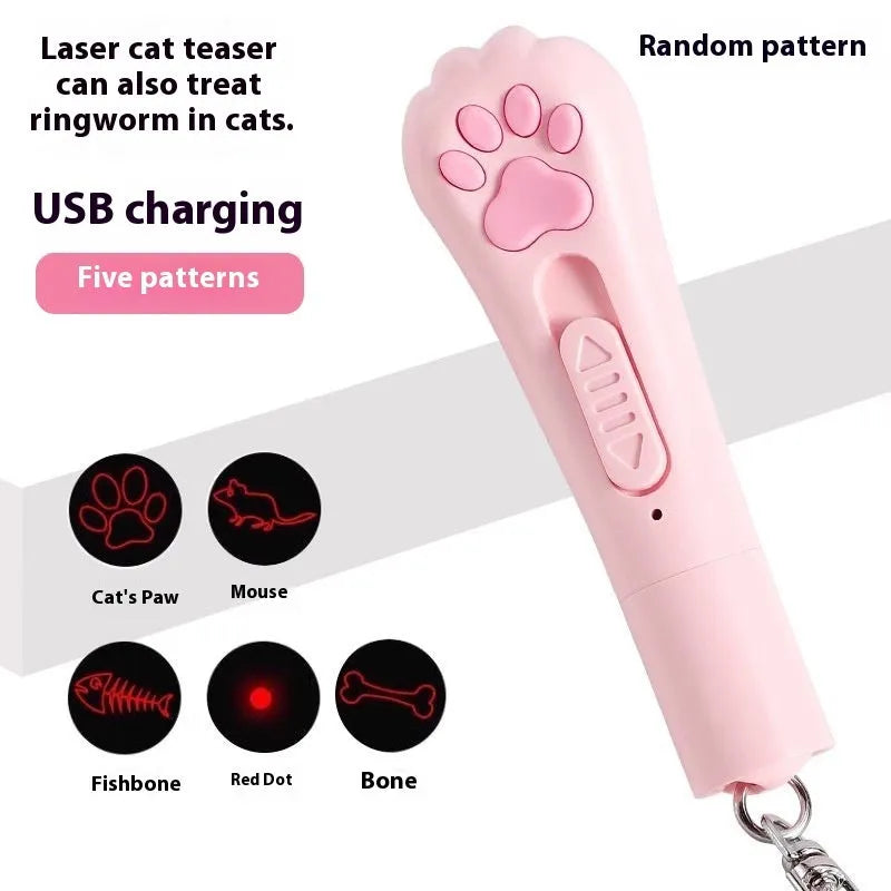 Self-charging cat teaser toy with pen light in cream, pink, and sky blue colour options.