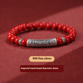 Handmade cinnabar sandstone bracelet in purple gold sand colour with 8mm beads on a wrist.
