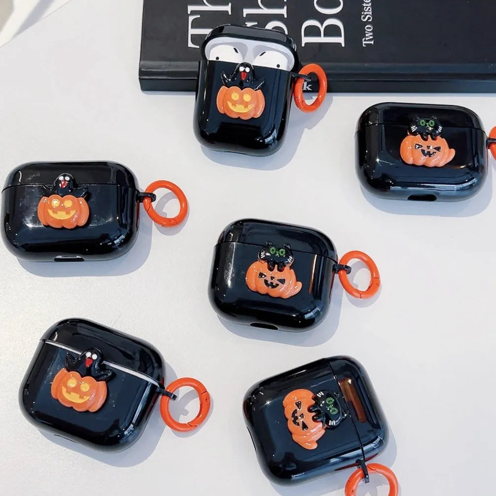 Halloween TPU earbuds case for AirPods with ghost pumpkin design, showing all-inclusive fit over charging case
