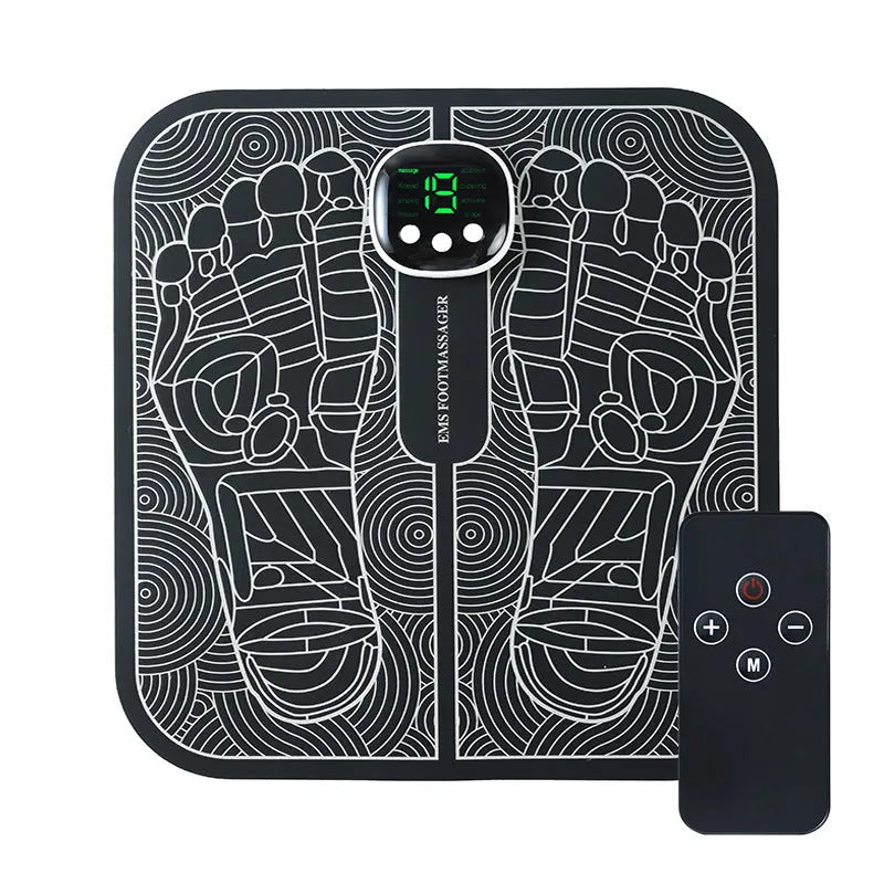 Blue rechargeable reflexology foot massager mat with remote control and USB cable