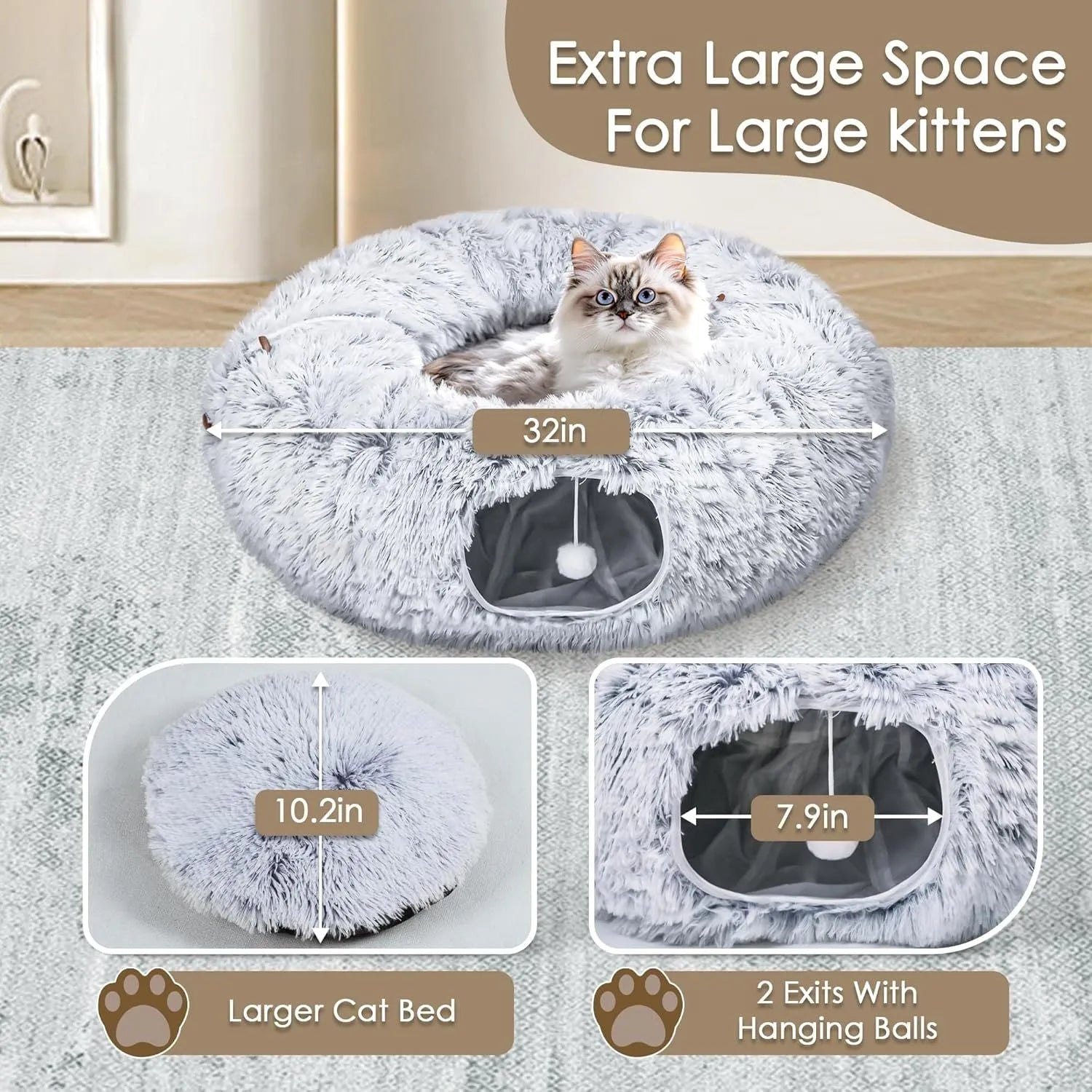 Grey cat tunnel bed with removable cushion and hanging furry toy for indoor cats