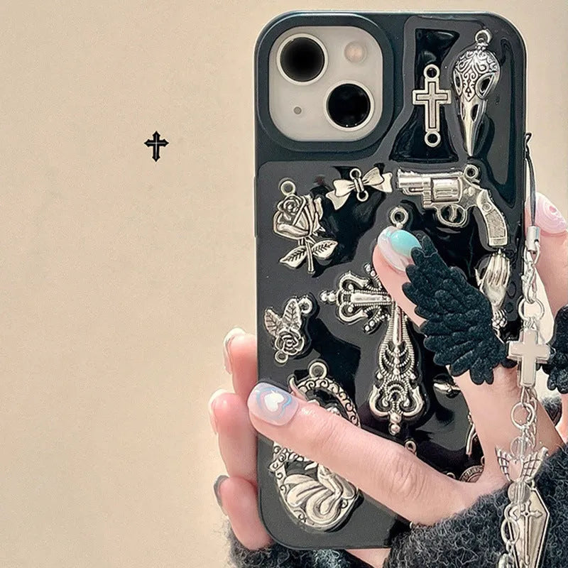 Epoxy resin phone case with three-dimensional cross pendant in retro dark style for iPhone 15 Pro Max