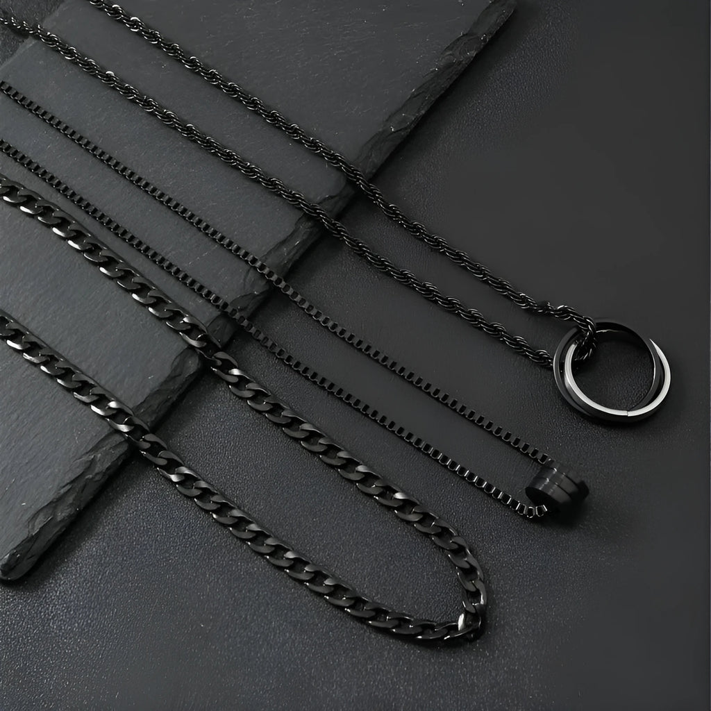 Men's black geometric necklace set with cylindrical titanium steel pendant and ring buckle details