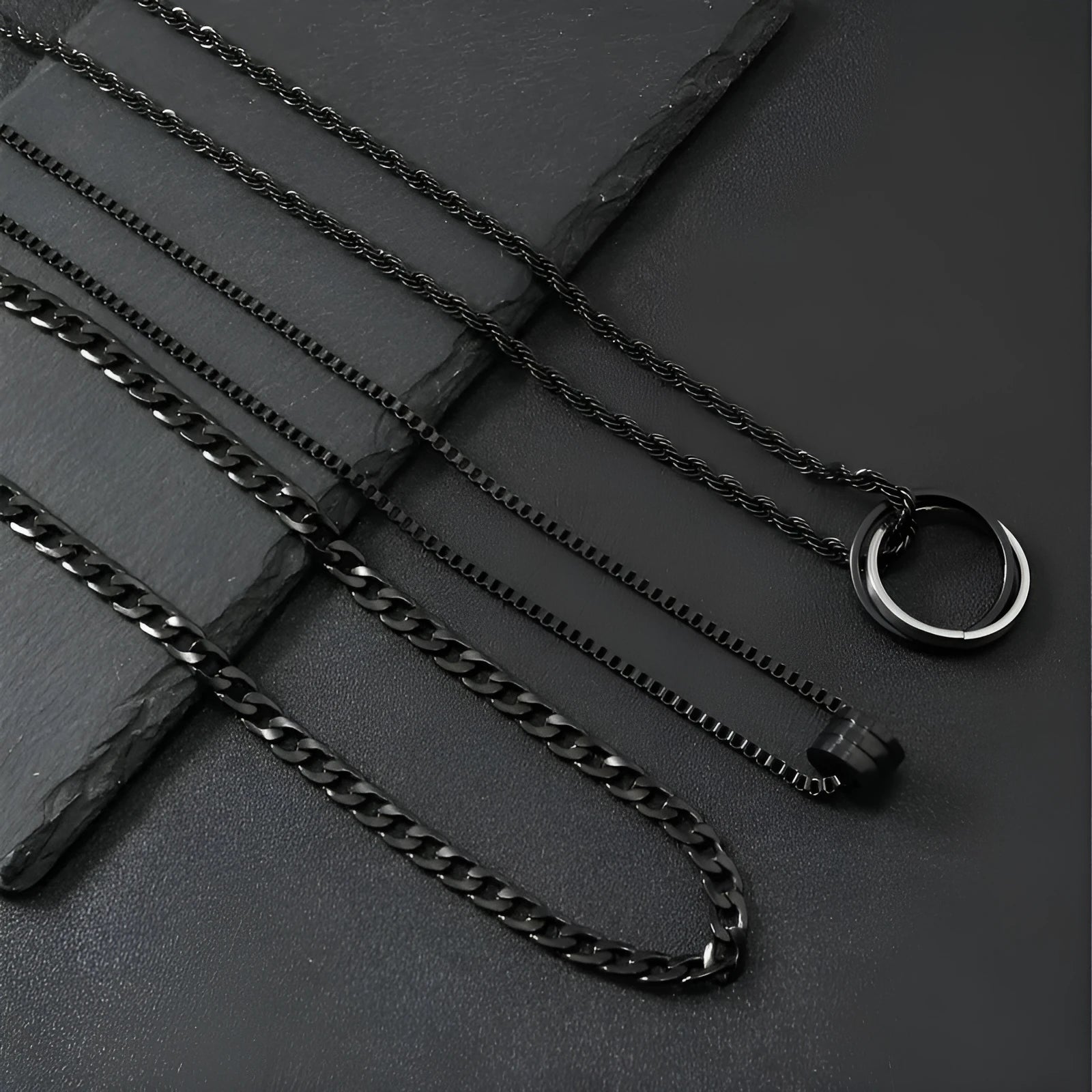 Men's black geometric necklace set with cylindrical titanium steel pendant and ring buckle details