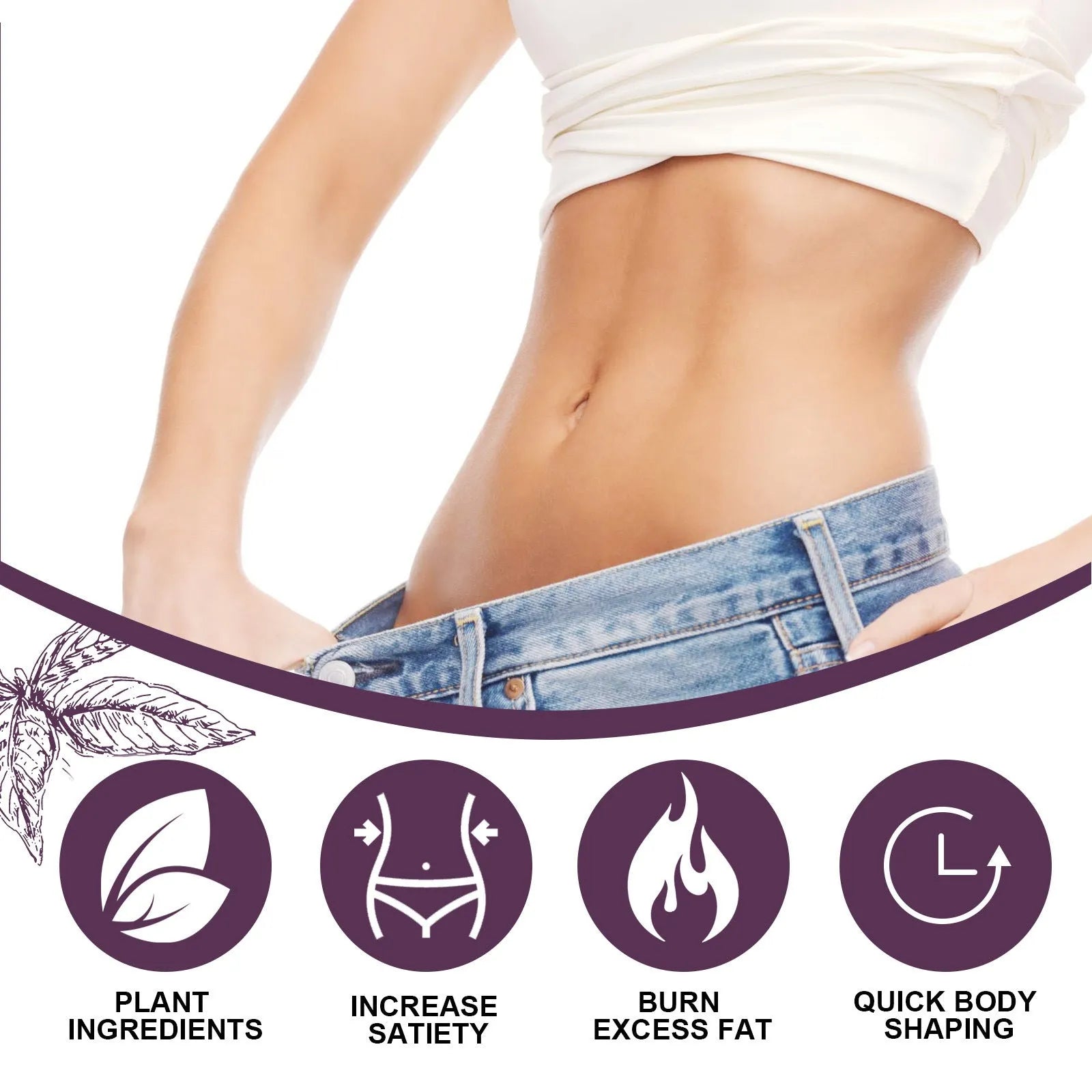 30ml bottle of body shaping slimming drops for thighs, arms, and belly.