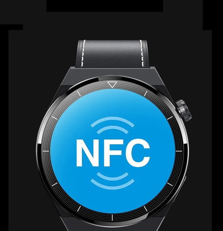 Round dial smart watch with Bluetooth calling and NFC access control features on silicone strap