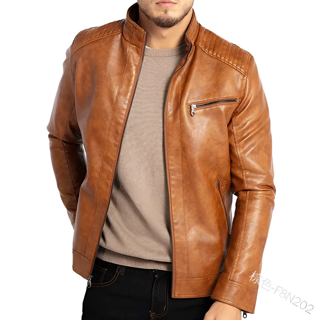 Men's brown punk style artificial leather motorcycle jacket with stand collar.