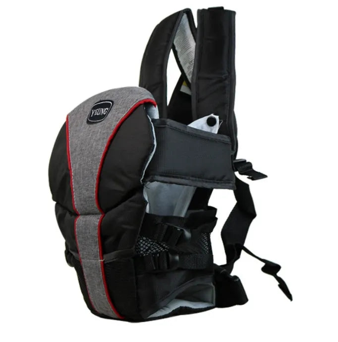 Double-shoulder baby carrier in blue colour showing infant facing carrying position