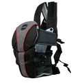 Double-shoulder baby carrier in blue colour showing infant facing carrying position
