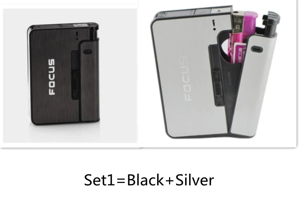 Aluminium alloy automatic cigarette case holding 8 cigarettes with one-button mechanism and lighter insert
