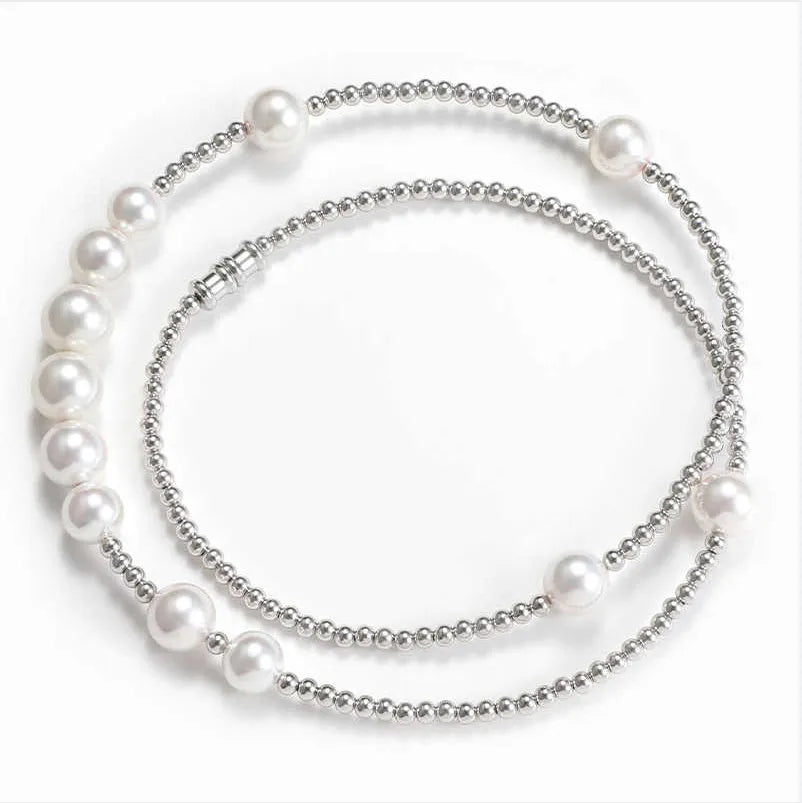 Unisex S925 sterling silver necklace with natural pearl and platinum-plated spacer bead on 51cm chain
