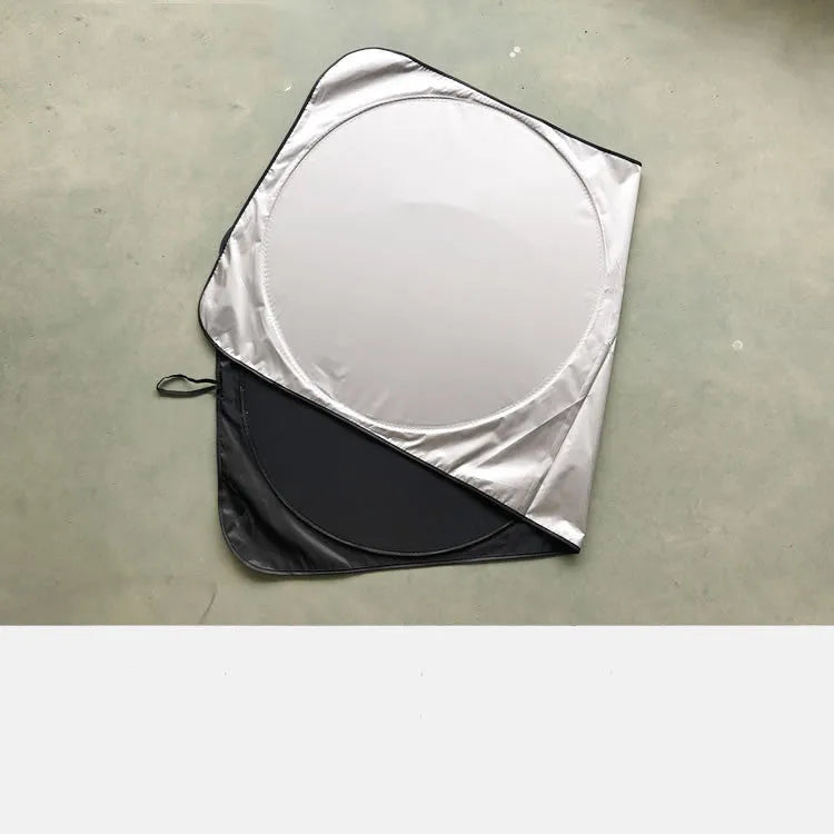 Silver tape car sunshade folded beside 190*90 cloth storage bag showing 190x90cm dimensions
