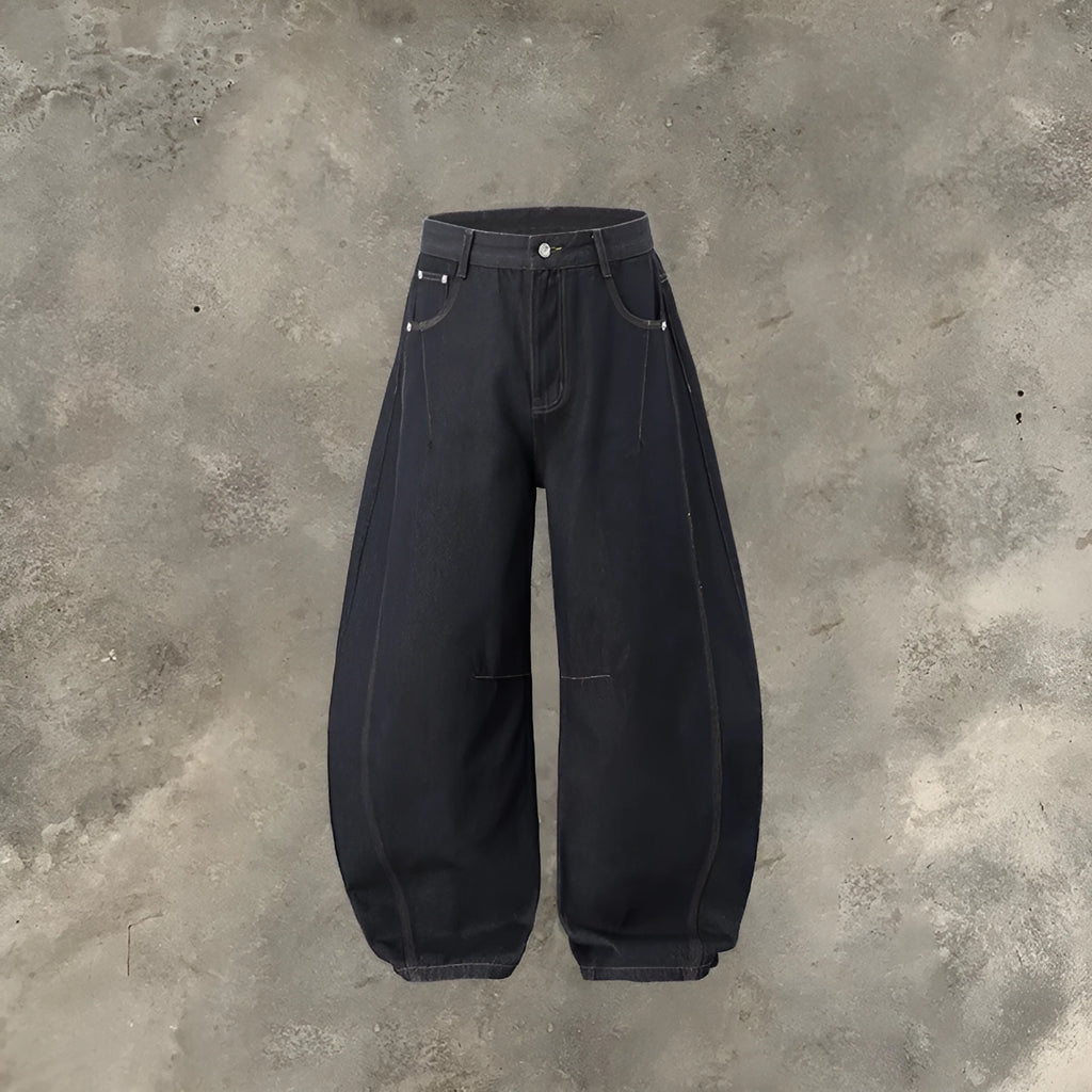 Men's wide leg denim trousers in original cow colour on a mid waist
