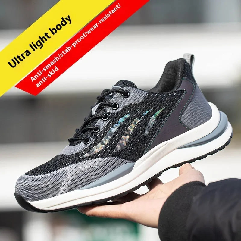 Men's black grey insulated safety shoes with plastic toe cap and lace-up front
