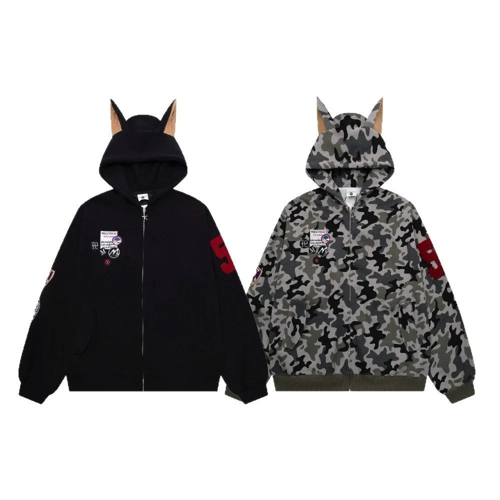 American style heavy hooded sweatshirt men's cotton blend jacket in black, front view