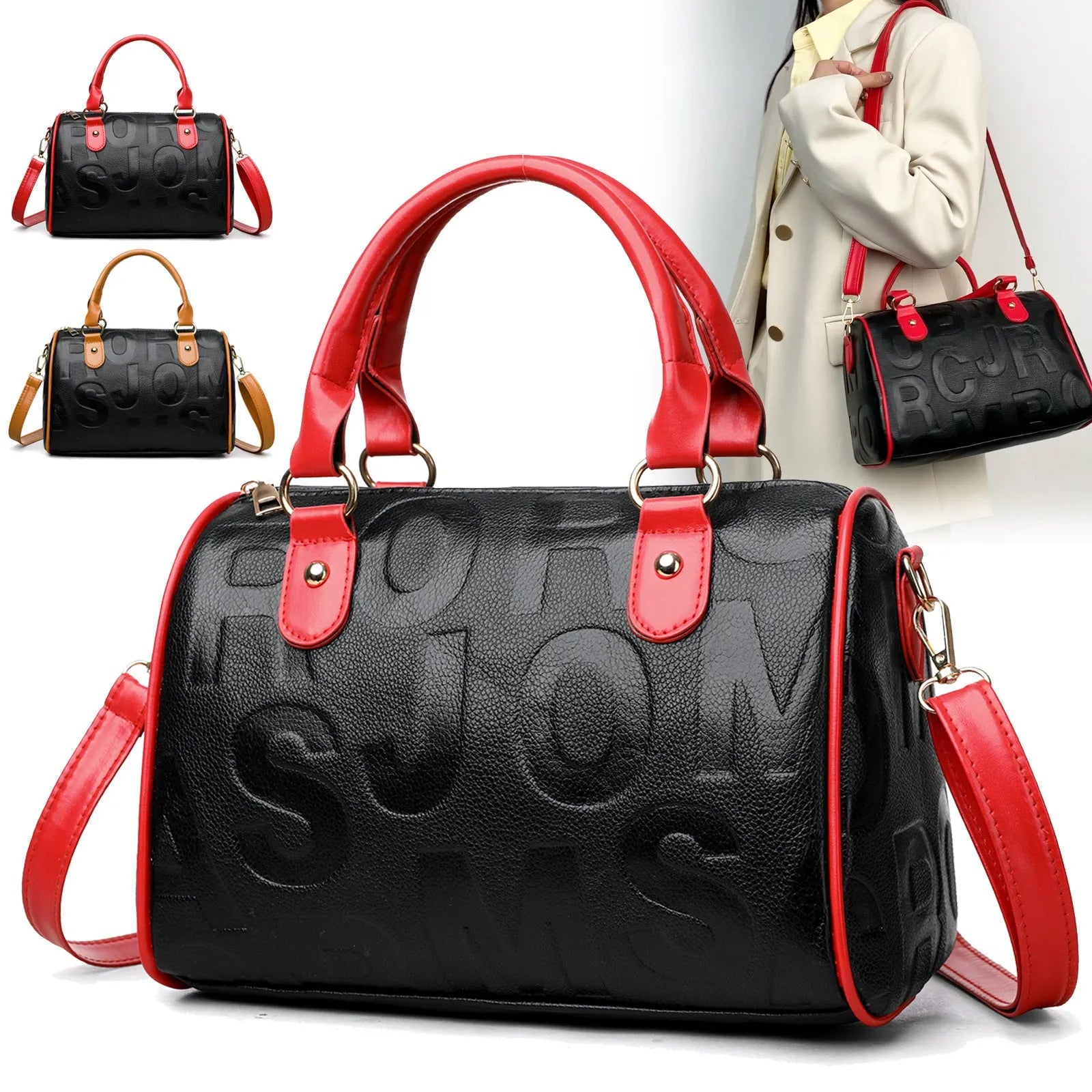 Brown cylindrical crossbody bag with three adjustable shoulder straps showing suitcase shape