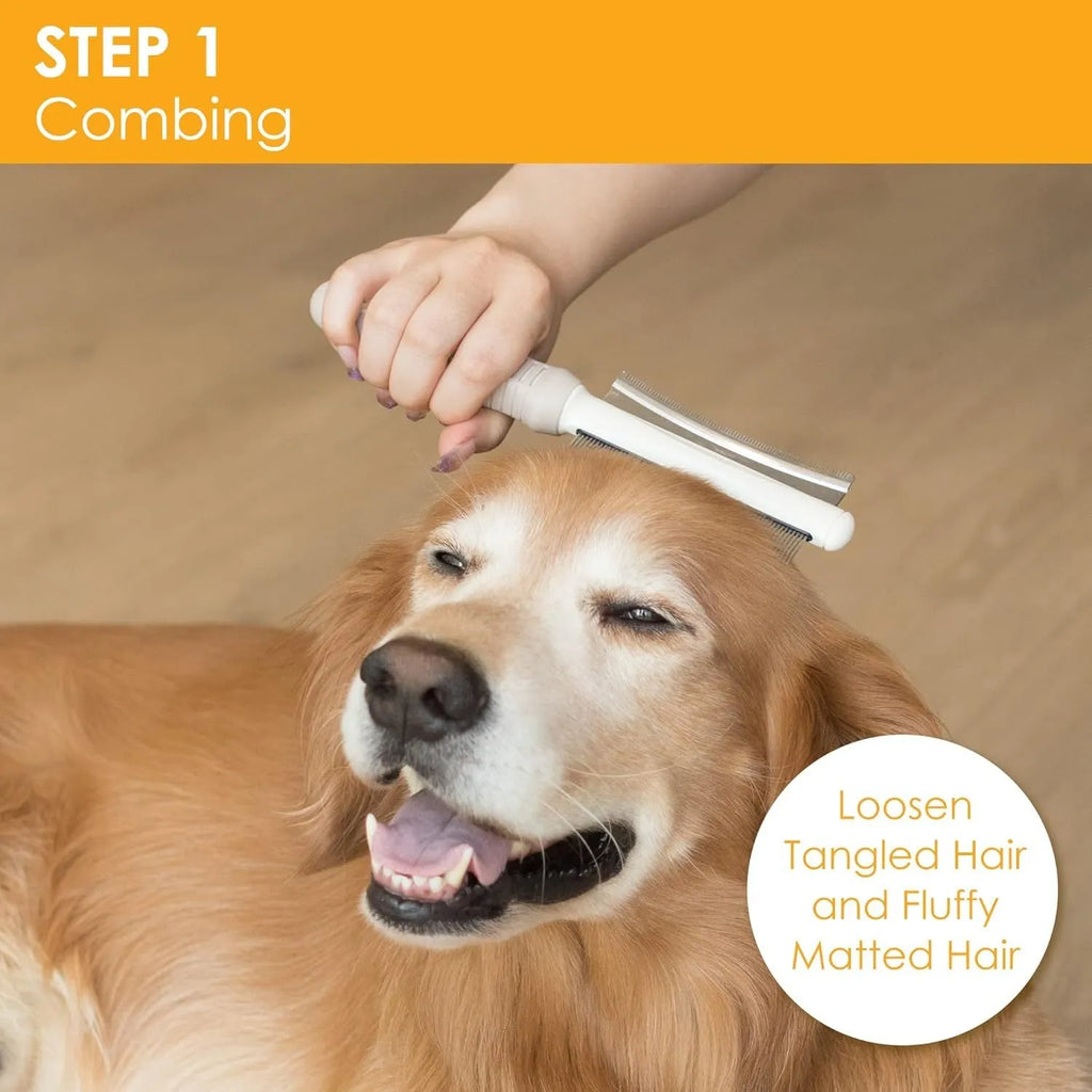 White double-sided pet deshedding brush and comb with ergonomic handle.