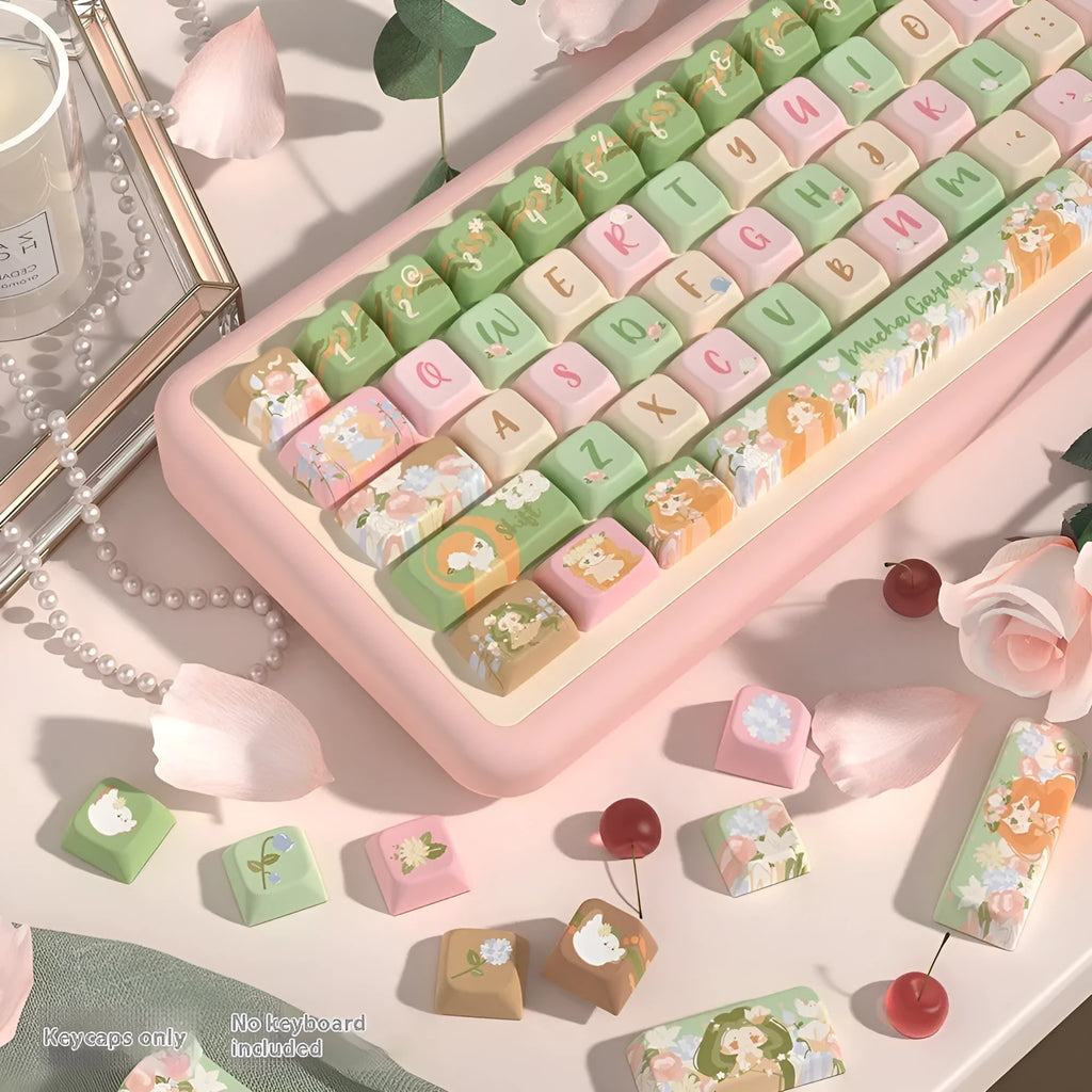 Set of mechanical keyboard key caps with a colourful summer garden design, shown in 138-key and 158-key options.